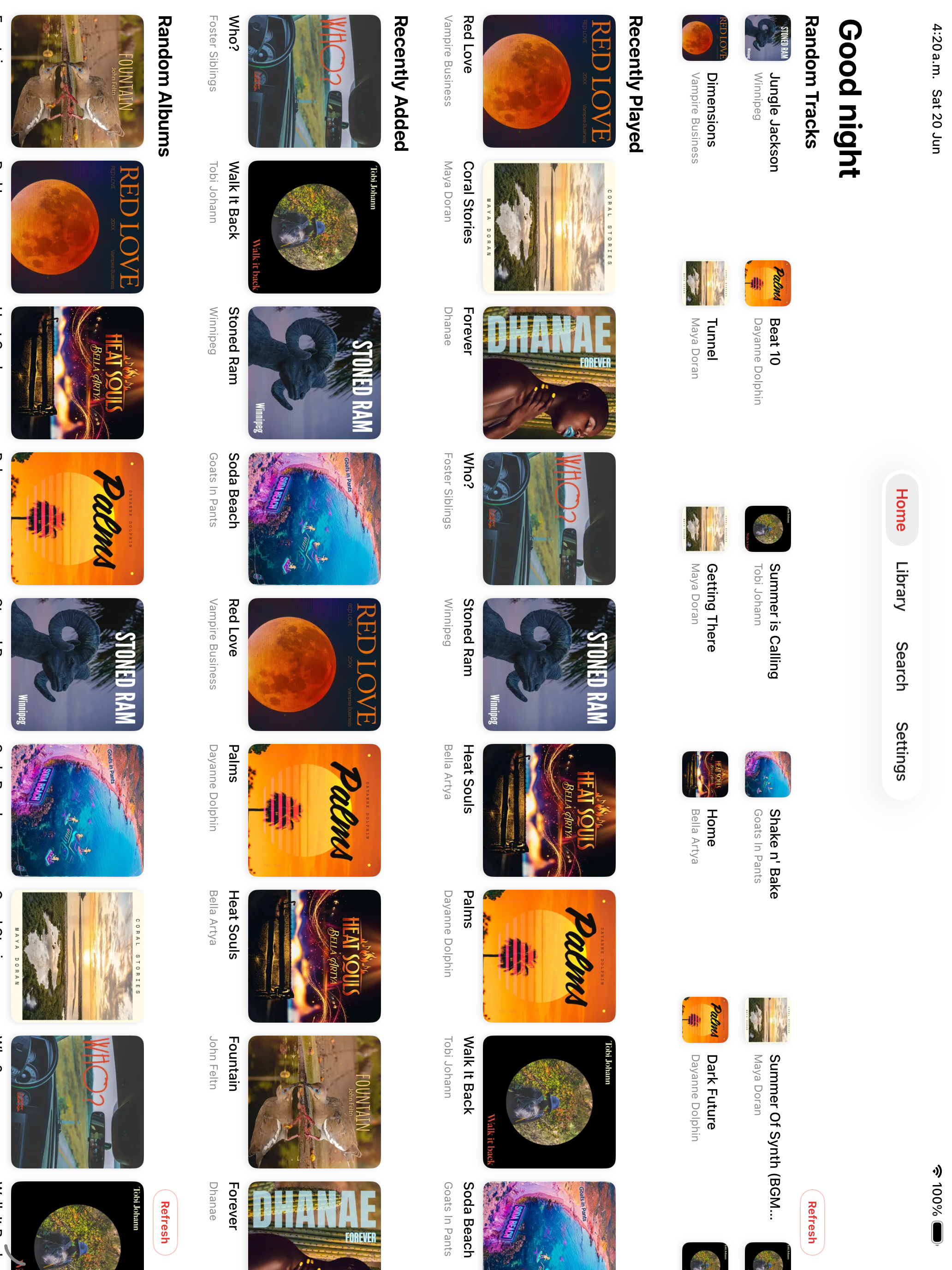 Juliet Subsonic music player running on iPad, displaying the home dashboard with albums and navigation sidebar