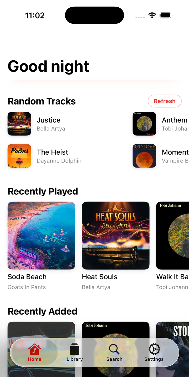 Juliet Home screen with Random Tracks and Recently Played, loaded after signing in