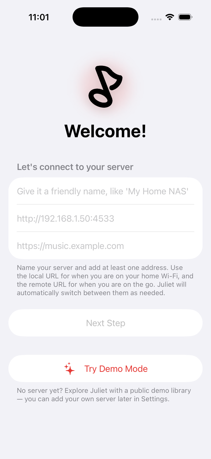 Juliet welcome screen with fields to name your server and enter a local and remote address