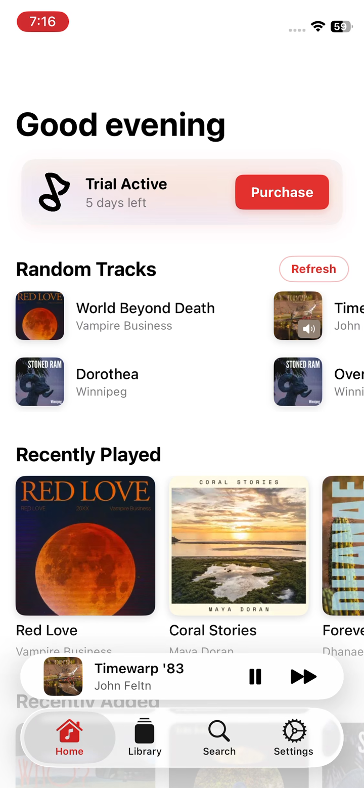Juliet Home screen loaded with the user's music library after connecting