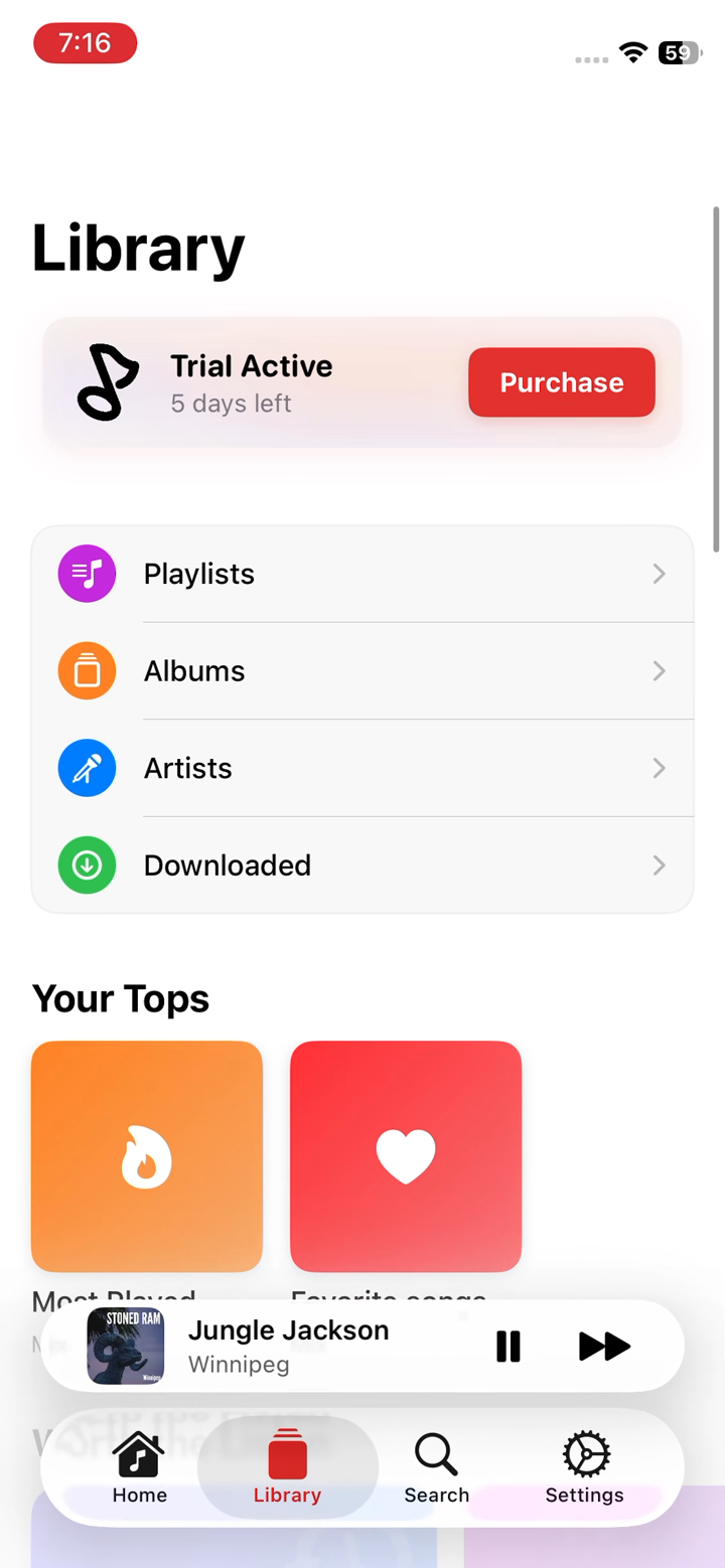 Juliet Library screen with Playlists, Albums, Artists and Downloaded