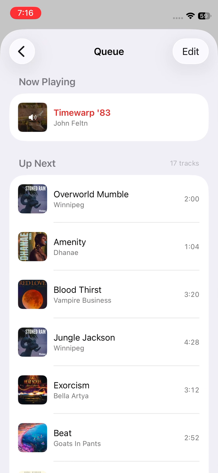 Juliet Queue screen showing Now Playing and the Up Next list of tracks