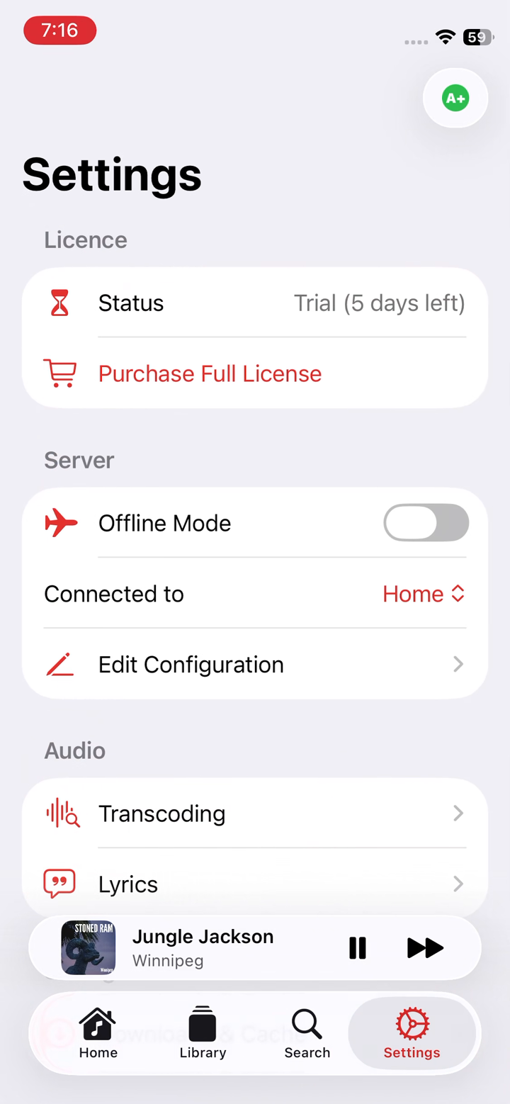 Juliet Settings screen showing the Server section with Offline Mode, Connected to Home, and Edit Configuration