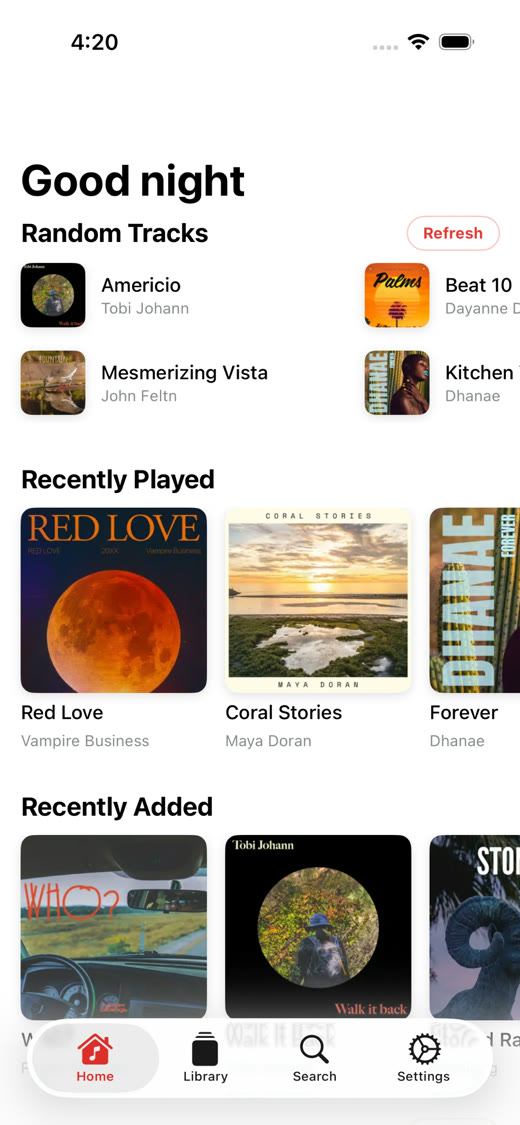 Juliet Player on an iPhone, showing a music library