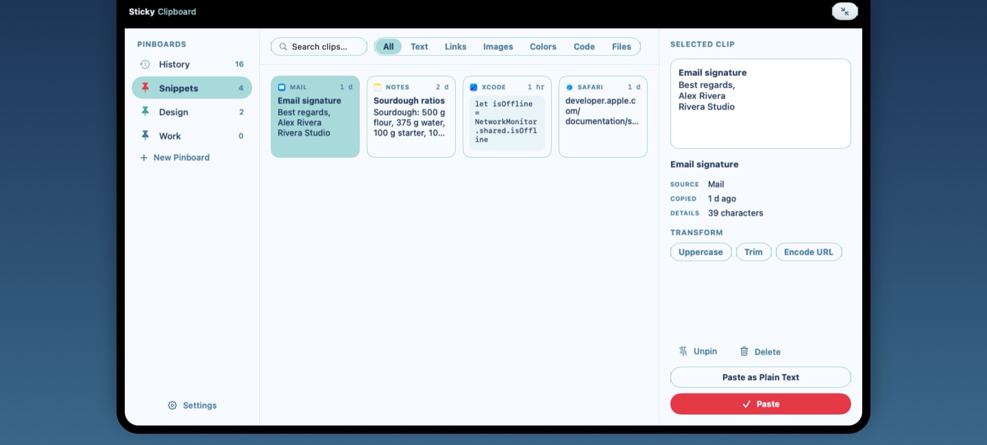 The Snippets pinboard open, holding an email signature, a sourdough recipe, a line of Swift code and a documentation link.