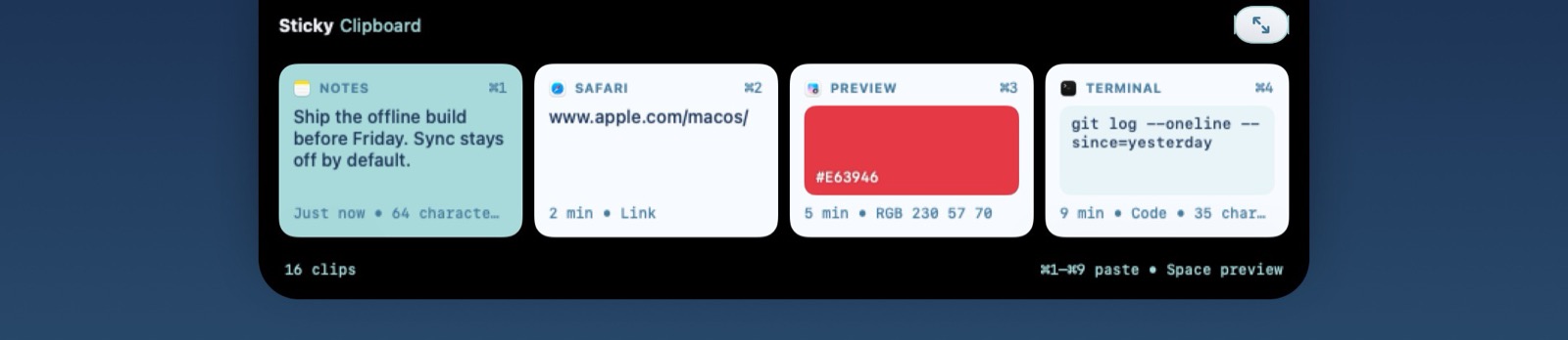 The quick strip showing four recent clips labelled ⌘1 to ⌘4.