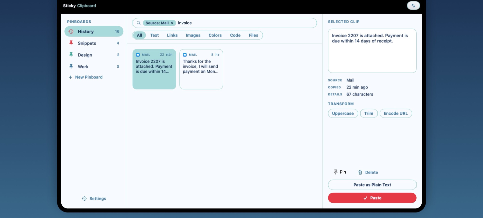 Searching for “invoice” with a Source: Mail filter. Two clips from Mail match, and the first is shown in the inspector.