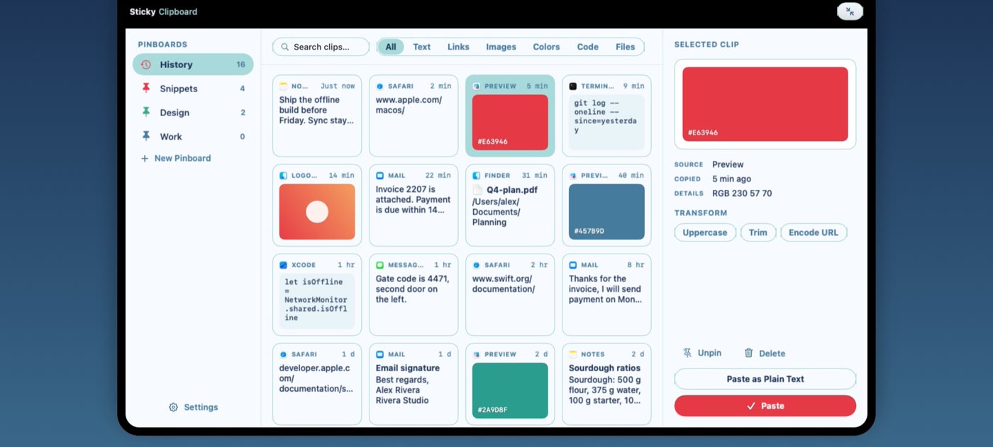 Sticky Clipboard expanded with search, pinboards and tools