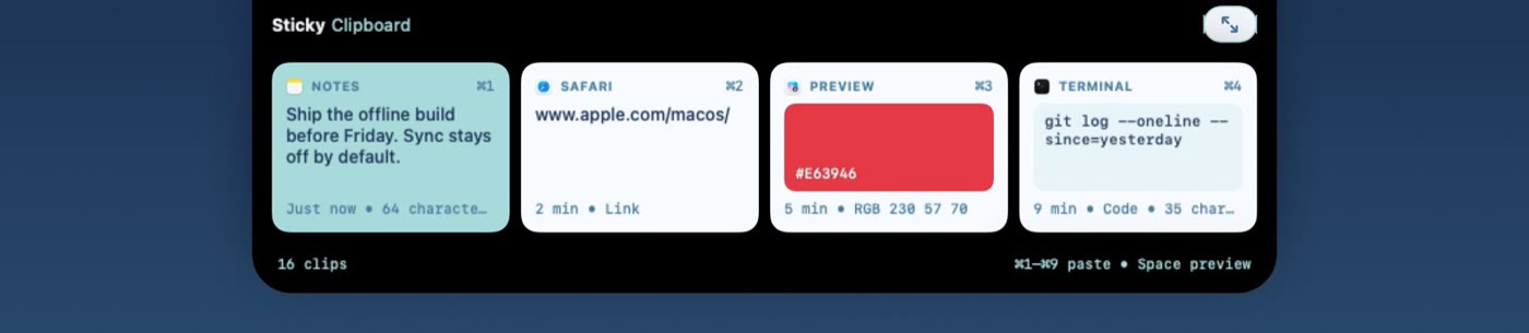 Sticky Clipboard quick strip at the top of the screen with recent clips