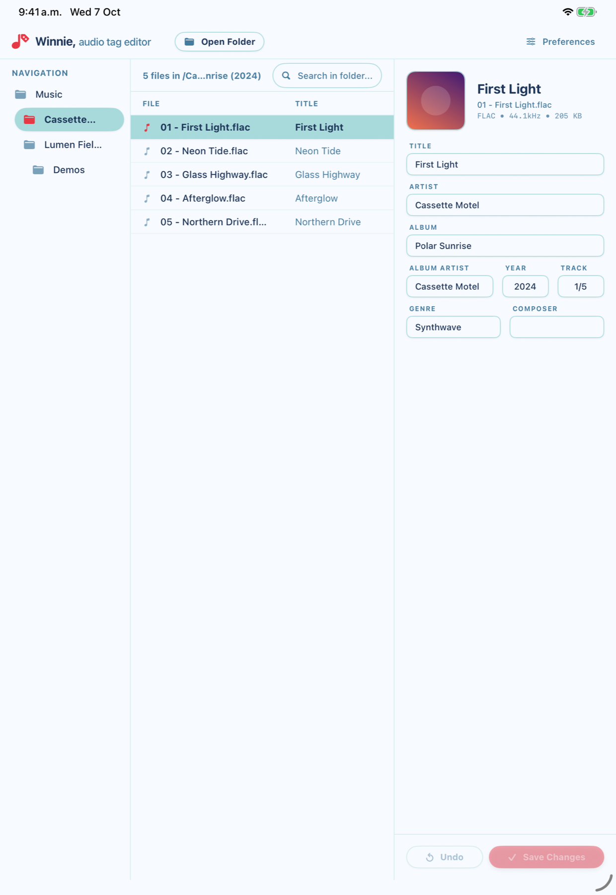 Winnie on iPad held upright: folders on the left, the files of an album in the middle, and the tag editor on the right.