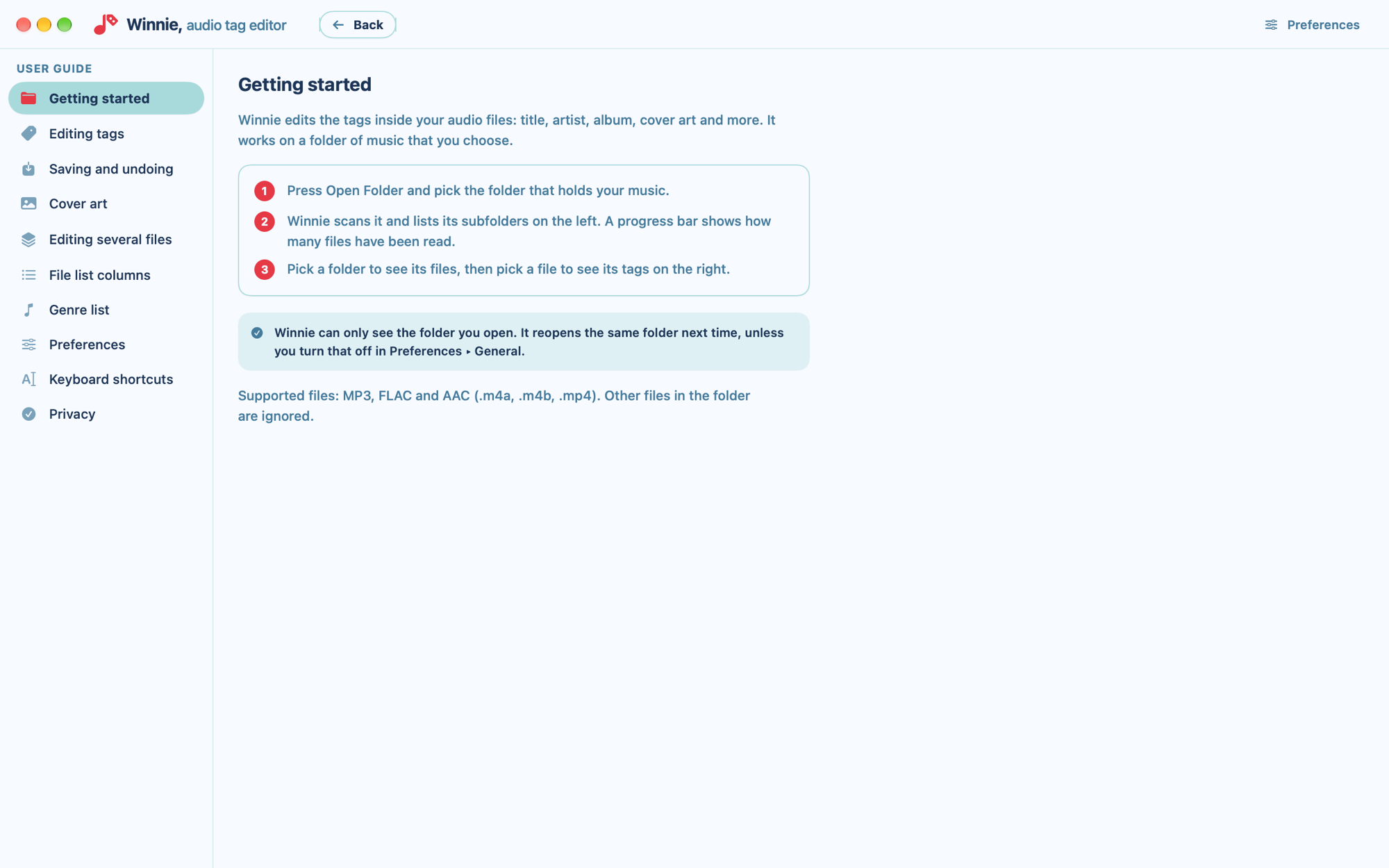 The built-in Winnie user guide, with topics listed on the left and the Getting started topic open.