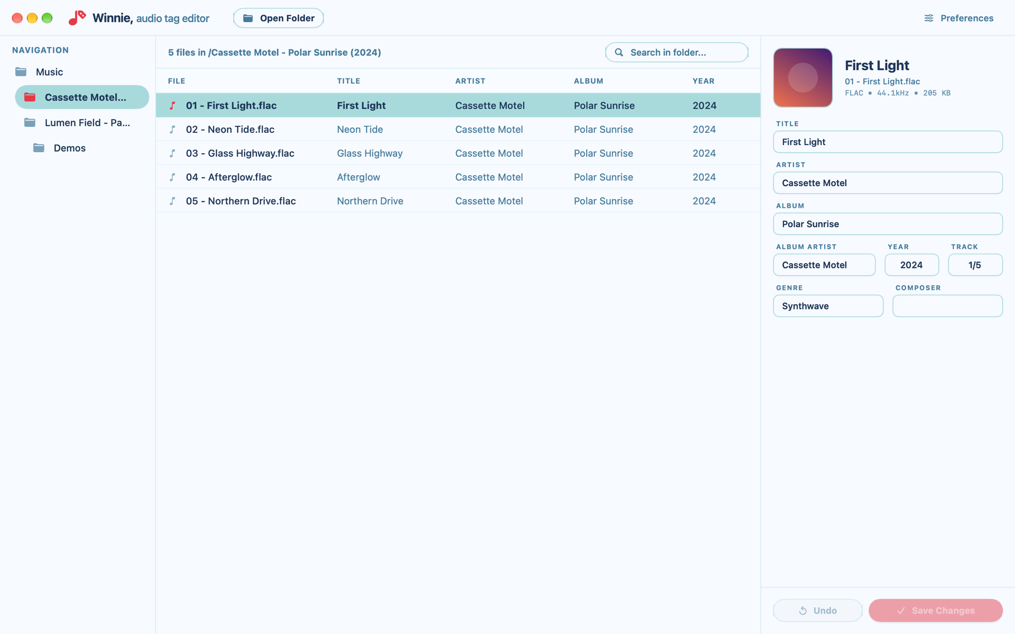 Winnie on macOS: a folder tree on the left, the files of an album in the middle with File, Title, Artist, Album and Year columns, and the tag editor for the selected track on the right.