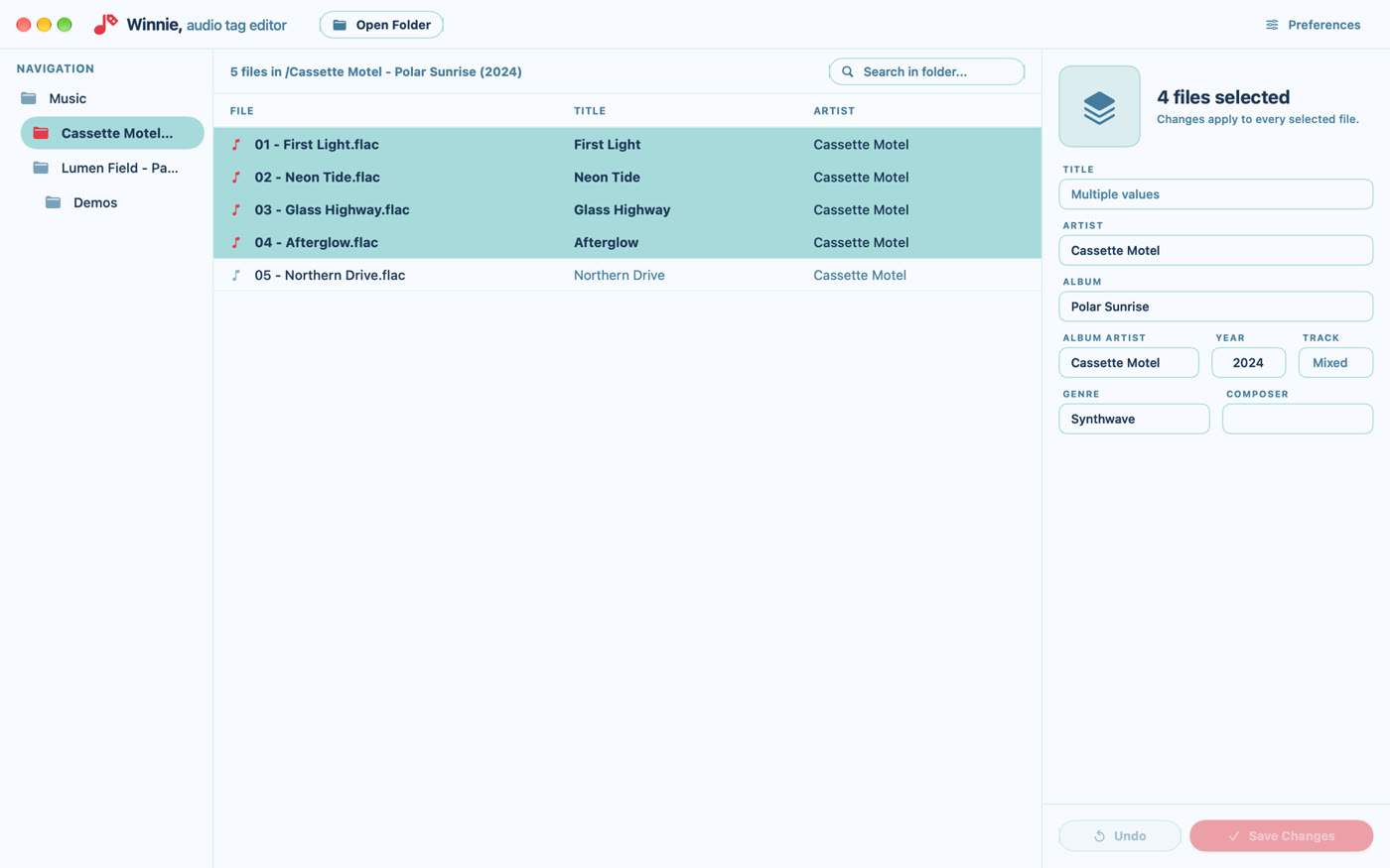 Winnie Tag Editor with several files selected and Multiple values in the tag fields