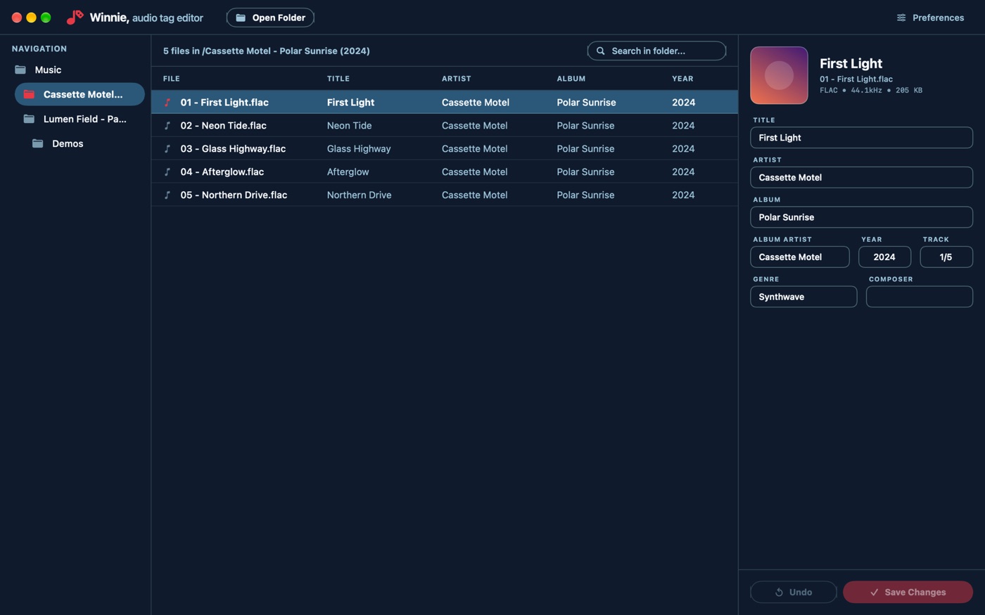 Winnie Tag Editor on a Mac, editing the tags of an album