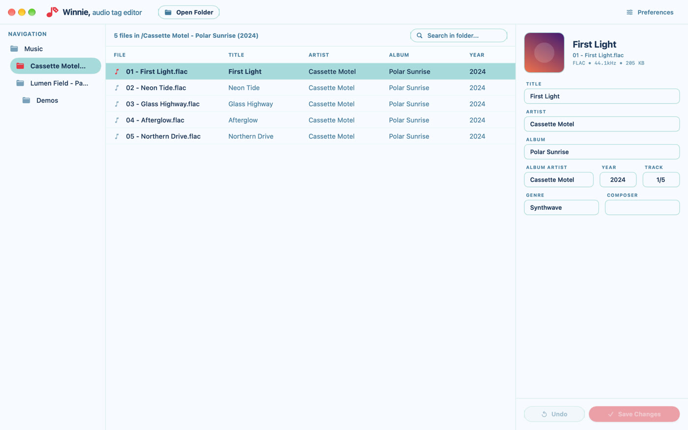 Winnie Tag Editor on a Mac, editing the tags of an album